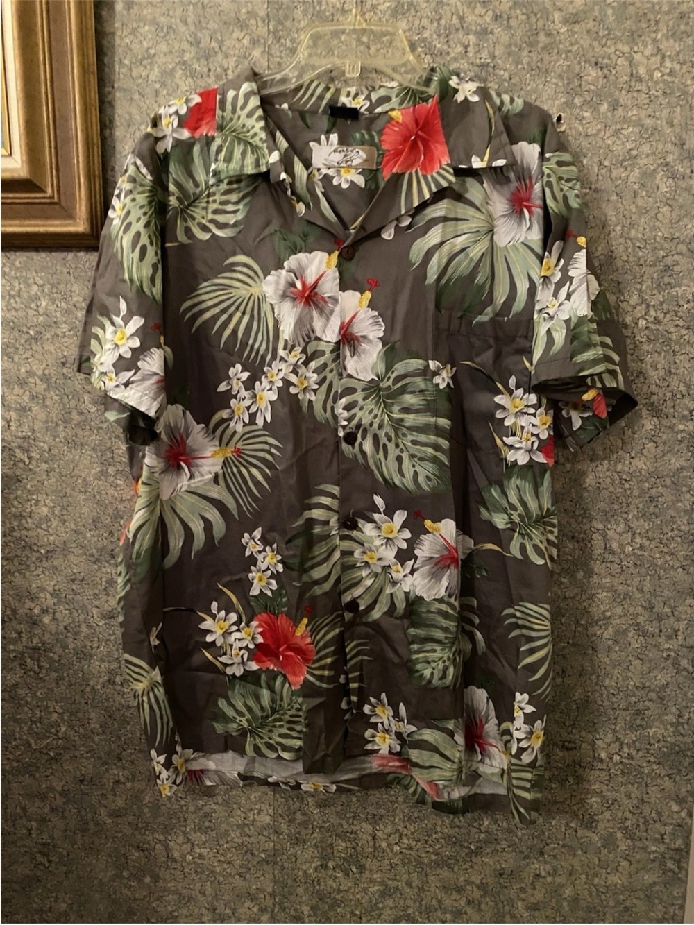High Surf Hawaiian Button Down Short Sleeve Shirt Monstera Leaf XL Cotton Gray